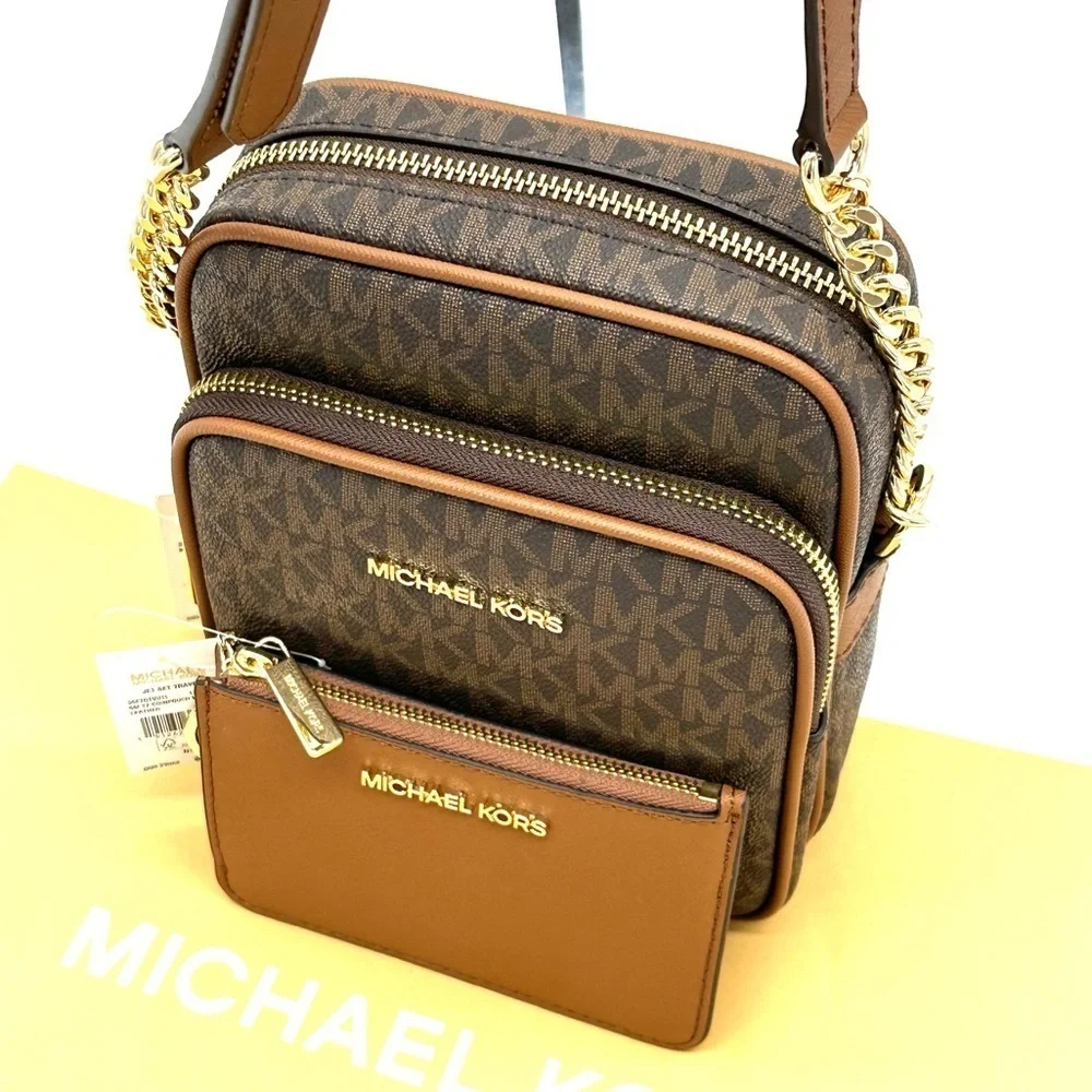 Michael Kors Medium NS Chain Xbody Bag & Small TZ Coinpouch w/ID Brown/Gold